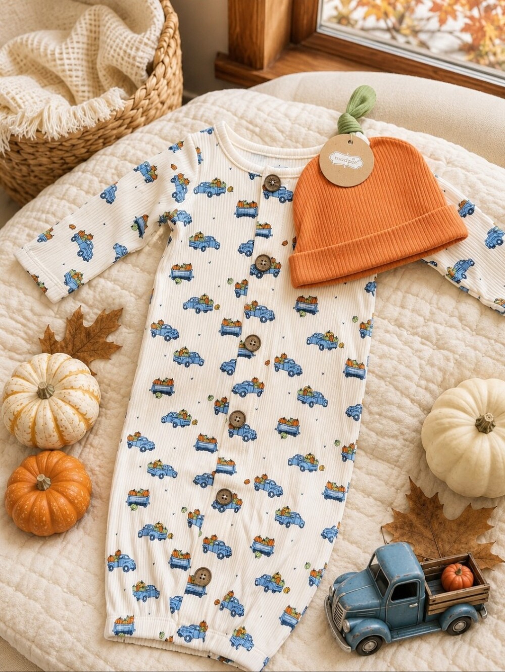 Mud Pie Pumpkin Truck Take Me Home Gown Hat Set 0-3M NWT Fall Baby